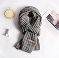 Gray houndstooth knit scarf with handmade label and cozy textured finish for winter - Handmade Label Solid Style / Solid Grey