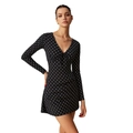 Mini abito nero a pois a maniche lunghe con scollo a V e dettaglio fiocco sul davanti - S / Nero Pois Bianchi