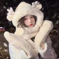 Ensemble 3-en-1 écharpe à capuche et gants en peluche pour femme de couleur beige crème - Adulte / Ensemble 3 pièces amélioré / Mousse à la crème
