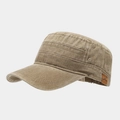 Retro washed canvas flat top military cap with mountain leather patch and breathable eyelets - Adjustable / Khaki