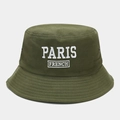 Detail of white PARIS embroidery and metal eyelets on olive green cotton bucket hat - M (56-58cm) / Army Green