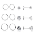 6er-Set silberne Edelstahl-Ohrreifen und klare Zirkonia-Stecker in verschiedenen Größen - 6er-Set / Silber
