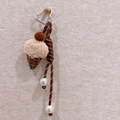 Ice cream keychain with brown plaid fabric, white plush details, and heart carabiner - Pearl Ice Cream