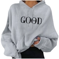 Casual grey hoodie with black GOOD vibes slogan print featuring drawstring and pocket - Light Gray