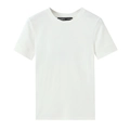 Close-up of minimalist white cotton T-shirt collar showing fabric texture and size label - S / White