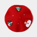 Detail of red wool beret featuring a Christmas tree, stars, and Merry Christmas bow - Basic Christmas Elements Style (BLM250-1) / Red