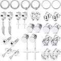 Polished silver stainless steel earring set with cross and feather charms - Silver Stainless Steel Comprehensive Set (36045)