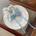 Detail of floral lace scrunchie with blue checkered ribbon on a white porcelain plate - Lace Trim Blue