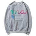 Grey Mama Est 2025 hoodie with blue baby footprints and artistic lettering, flat lay view - Light Gray