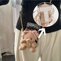Brown plush teddy bear phone strap with pink silk bow, gold heart and metal chain - Popular Heart Brown Bear (T-Plate Phone Clip)