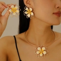 Colorful floral necklace and earrings set with gold-plated double-layer petals - White & Yellow Glazed Flower Set (Earrings + Choker)