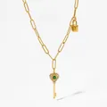 Golden heart key necklace with green gemstone and paperclip chain style for women - Green Heart Key (KCD878)