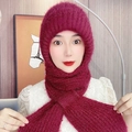 Plush knit earflap hood and scarf set in deep pink for women winter protection - Burgundy