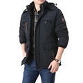 Men's navy blue windproof hooded jacket with multi-pocket design for winter outdoor wear - L / Black