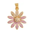 Copper sunflower pendant with pink enamel petals and micro-pave crystals in gold finish - Gold Pink Petal Partially Zirconia Flower