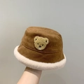 Brown suede baby bucket hat with white faux shearling trim and cute bear embroidery - 46-52cm / Caramel color