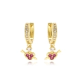 Gold heart drop earrings with red gemstones and white zircons on a white background - Heart with Arrow Style (F755) / Gold White + Purple Zirconia