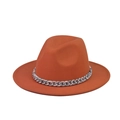 Detail of rust red wool fedora hat featuring a stylish marble textured grey chain - Adult Size / Orange Red