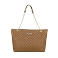 Bolso tote marrón con estampado geométrico de monograma y correa de cadena dorada - Marrón