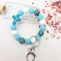 Blue and leopard print silicone bead wristlet keychain with Jesus cross pendant - Blue