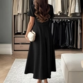 Elegant black short-sleeve evening maxi dress for women shown in a walk-in closet - S / Black