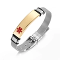 Macro shot of medical alert bracelet featuring silver mesh band and gold medical ID plate - Gold Plate + Silver Chain
