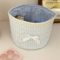 Blue heart-quilted lace cylinder storage bin with white bowknot and gingham pattern - Blue Plaid