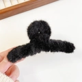 Chic black plush shark hair claw clip for women featuring soft faux fur for autumn winter - Pure Black Plush Hair Claw