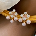Elegant gold-plated pearl earrings with pink gemstones and zircon in French vintage style - Pink Gemstone Pearl