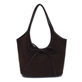 Dettaglio borsa tote in camoscio marrone scuro con fiocco elegante e cuciture fini - Marrone