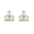 Detail of 18K gold plated crown stud earrings featuring a blue evil eye and sparkling crystals - Blue