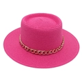 Detailed texture of rose red straw boater hat featuring a decorative gold chain - One Size / Rose Red (with Acrylic Chain Decor)
