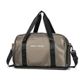 Brownish grey travel gym bag with black handles and Happy Travel print design - Expandable Version / Champagne