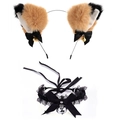 Cat ear headband and lace choker set with bells for cosplay costume accessories - Brown/Black Cat Ears + Black Lace Choker