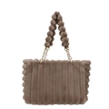 Brown fluffy tote bag featuring vertical stripes, golden chains, and pom-pom details - Brown