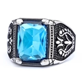 Anello vintage in acciaio inossidabile con gemma blu rettangolare e incisioni floreali - Colore Acciaio e Pietra Blu Chiaro