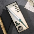 Vintage European quill pen set with silver-grey feather, 5 nibs and bronze holder - Silver Gray