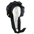 Black satin sleep bonnet with colorful butterfly print and long elastic tie straps - Black Butterfly