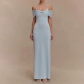 Elegant light blue halter neck maxi dress with shoulder-off twist front design - S / Blue