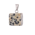 Close-up of square Dalmatian Jasper stone pendant with metal bail on white background - Spotted Stone