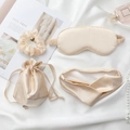 Champagne satin silk sleep set including eye mask, scrunchie, headband and storage bag - 4pcs Set (Square Bag) / Apricot