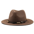 Detail of dark brown straw Panama hat with black cord and ethnic wood bead decorations - M (56-58cm) / Brown