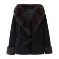 Cappotto donna nero in lana con collo in pelliccia marrone e cintura a fiocco in vita - S / Nero