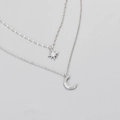Elegant double-layered silver necklace featuring shimmering star and crescent moon pendants - Double-layered Sparkling Diamond Star Moon Necklace / White Gold / Copper