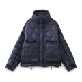 Women's casual navy blue quilted jacket with wavy stitching and stand collar - XS / Navy Blue