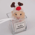 Detail of a handmade knitted hamster reindeer hat with brown antlers and red pompom - Elk