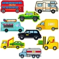 Negen kleurrijke cartoon voertuig strijkpatches waaronder bus, taxi en vrachtwagen decor - Transportvoertuigen Set van 9