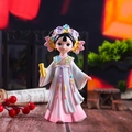 Cute resin girl figurine in pink and green Hanfu holding a scroll on ancient style background - Large Muyan Reading