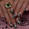 Black star and silver glitter long oval press-on nails in nude base color with gems - BZ1419 Glitter Black Star / Jelly Glue + Nail File