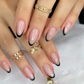 French tip almond press-on nails with pink glitter base and elegant black tips - Nude Pink Glitter Black French Tip (CW49)